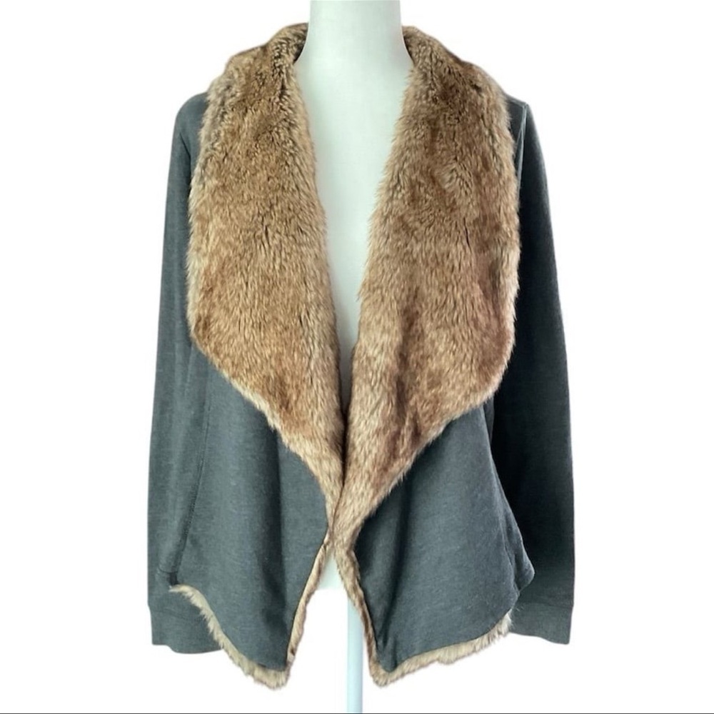 Hollister Women's XS/S Faux Fur Trim Gray Open Jersey Cardigan Sweater J…